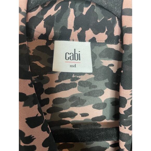 Cabi Pink Black Camo Neck Tie Long Sleeve Sheer Blouse Size Medium - Picture 2 of 10